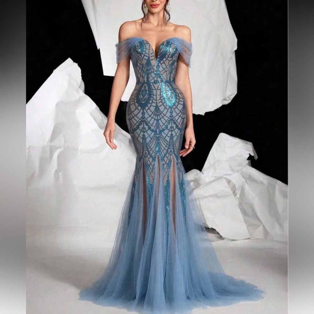 Luxe blue  off shoulder mermaid hem sequins mesh party formal evening gown dress